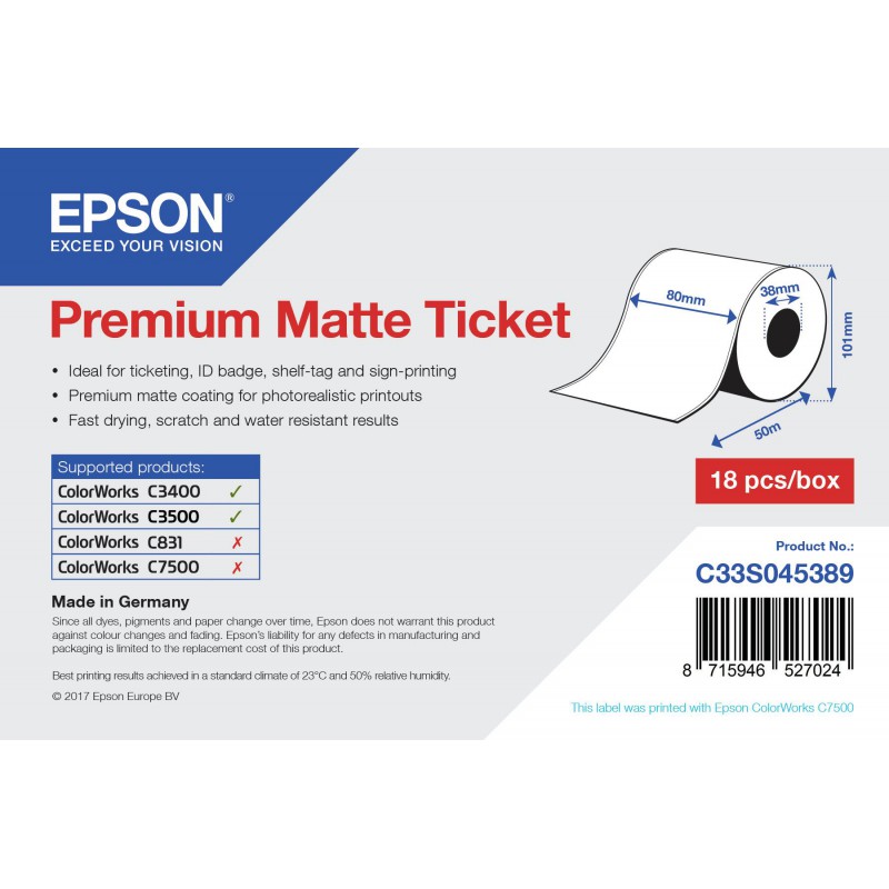 Epson continuous roll of matte PREMIUM MATTE TICKET paper for inkjet printing of tickets 80 mm x 50 