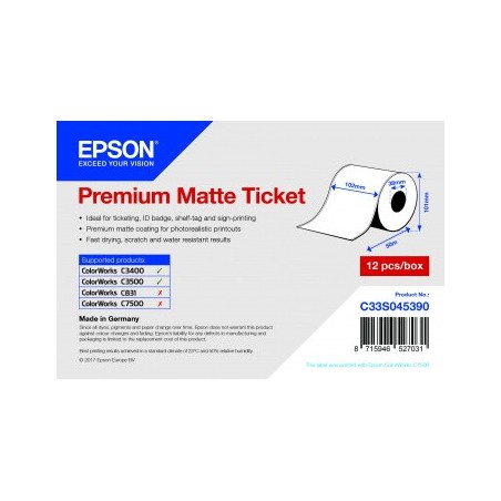 Epson continuous roll of matte PREMIUM MATTE TICKET paper for inkjet printing of tickets 102 mm x 50 mt C33S045390